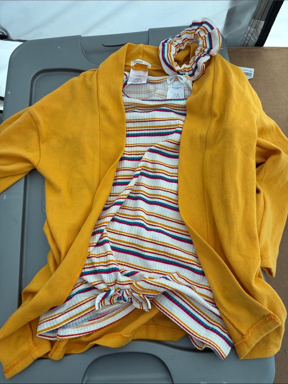 3 piece girls forever me top set  NWT Scrunchie stripe yellow cardigan shirt